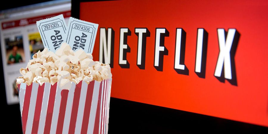 Popcorn with movie tickets and Netflix background