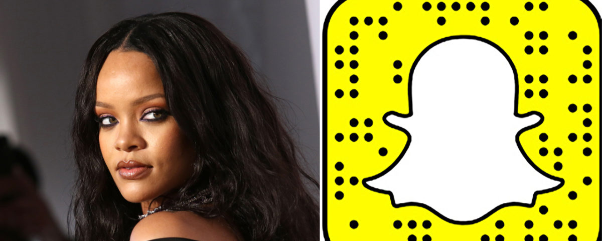 Rihanna looking at yellow Snapchat icon